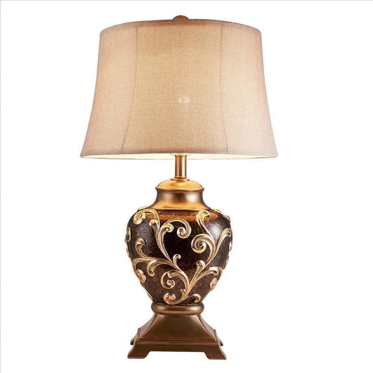 Table Lamp with Filigree Accent Base and Fabric Shade, Brown By Casagear Home
