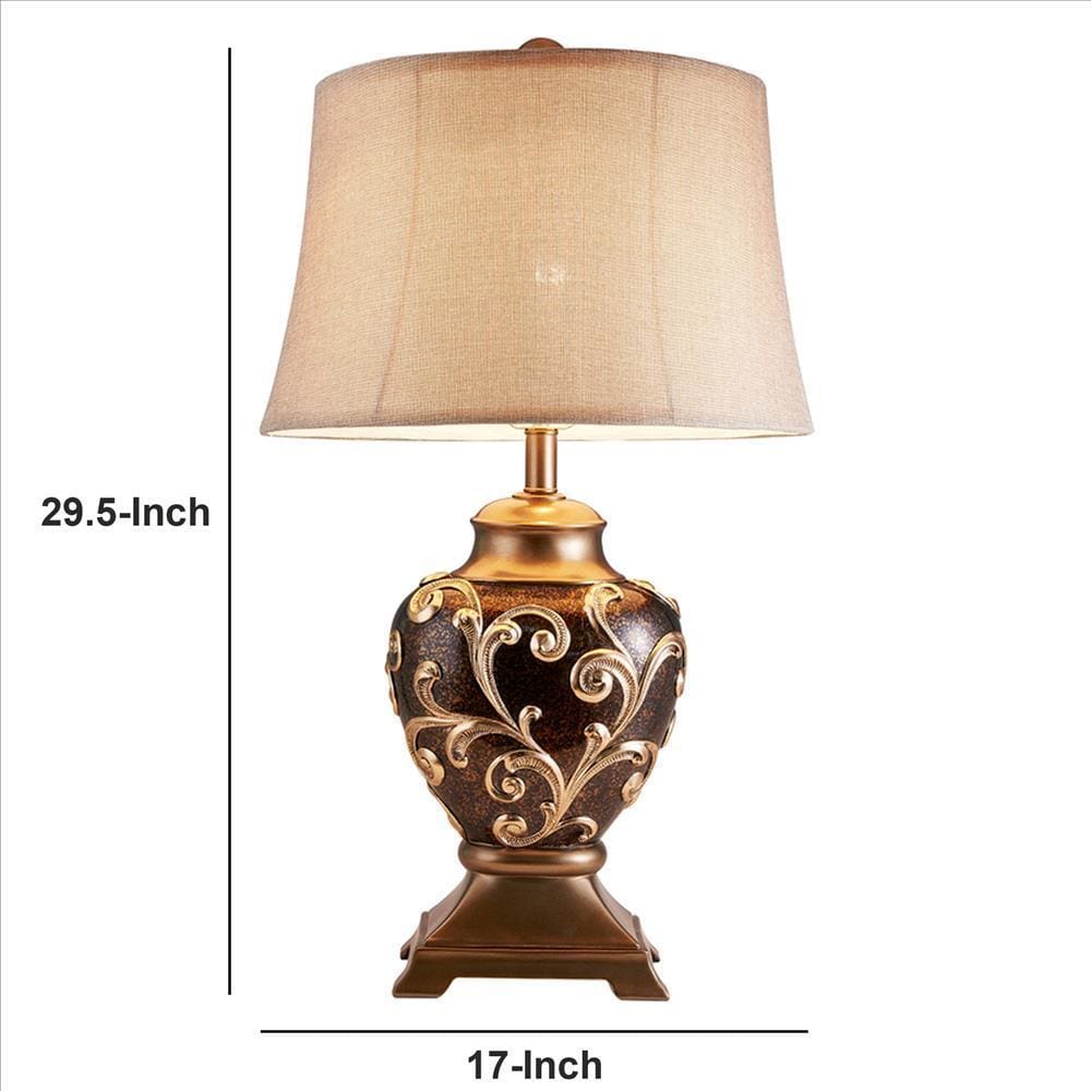 Table Lamp with Filigree Accent Base and Fabric Shade Brown By Casagear Home BM240299