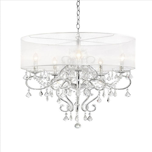 Ceiling Lamp | 32" | Hanging Crystals | Round Canopy | Silver