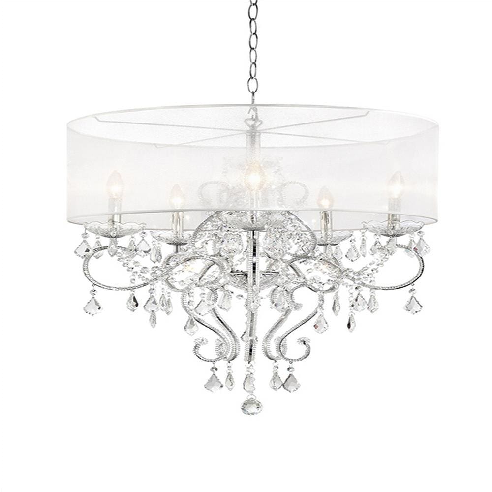 Ceiling Lamp | 32" | Hanging Crystals | Round Canopy | Silver