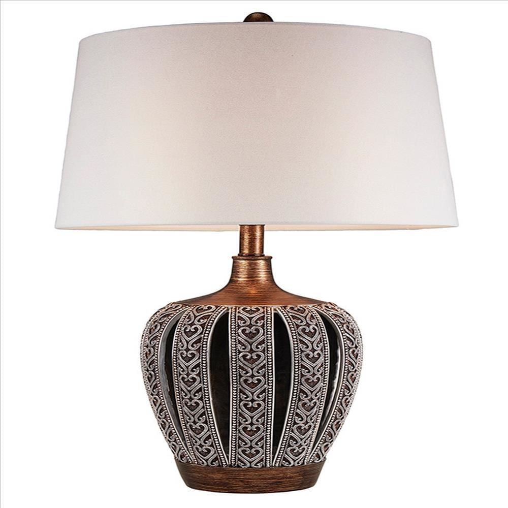 Table Lamp with Curved Paneled Polyresin Base, Bronze By Casagear Home