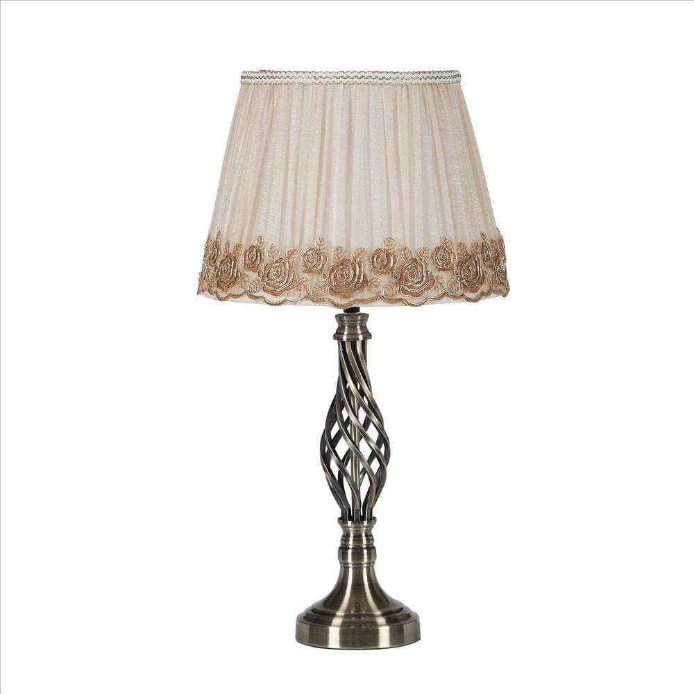 Table Lamp with Open Twisted Metal Base, Antique Brass By Casagear Home