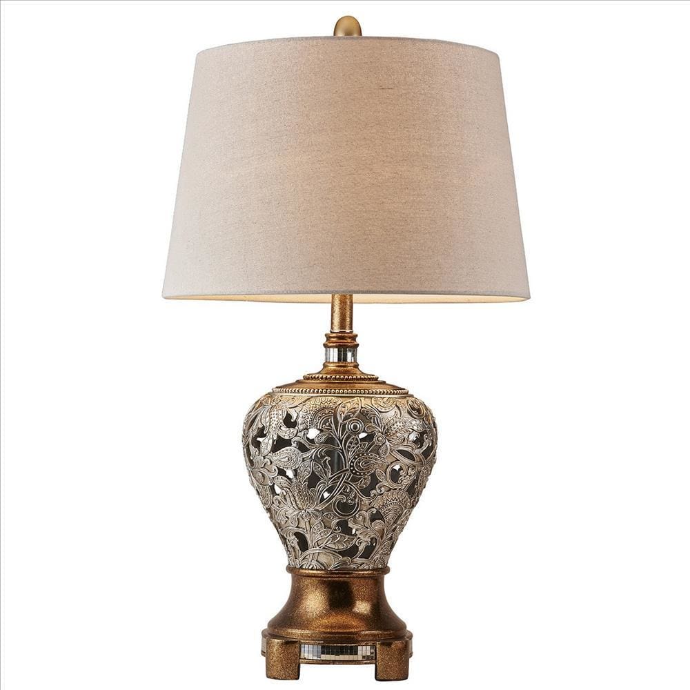 Table Lamp, Polyresin Floral Body, Fabric Shade, Silver, Gold By Casagear Home