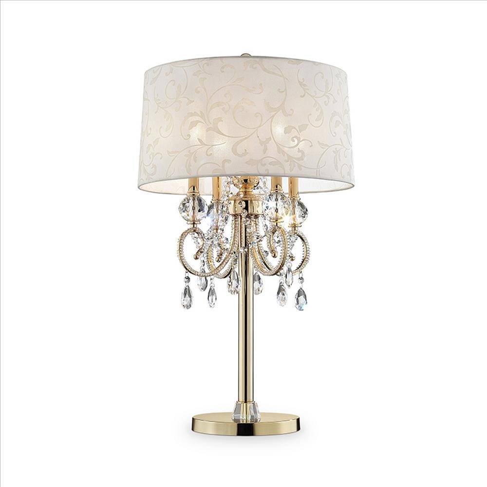 Table Lamp with Crystal Accent and Baroque Printed Shade, Gold By Casagear Home