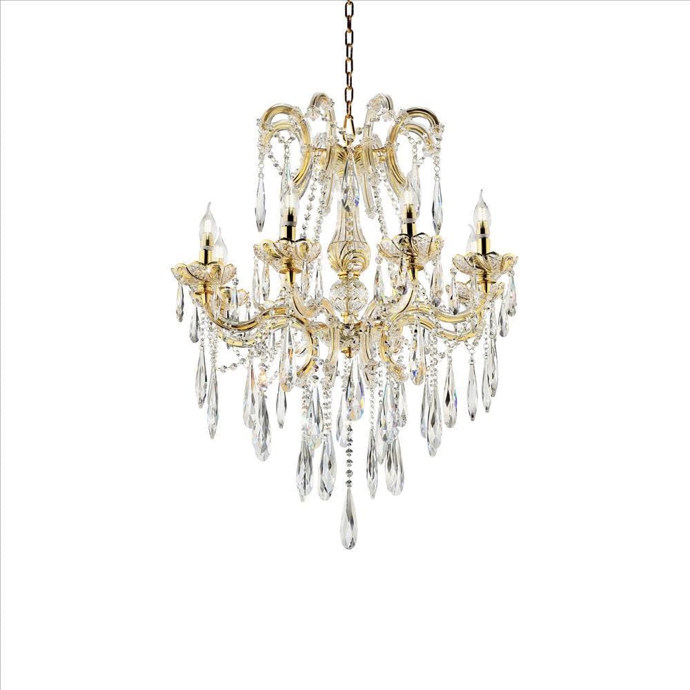 8 Light Metal Chandelier with Crystal Accents, Gold By Casagear Home