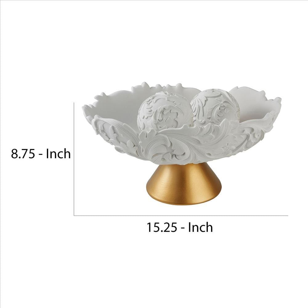 Bowl with Baroque Scroll Design with 2 Spheres White By Casagear Home BM240863