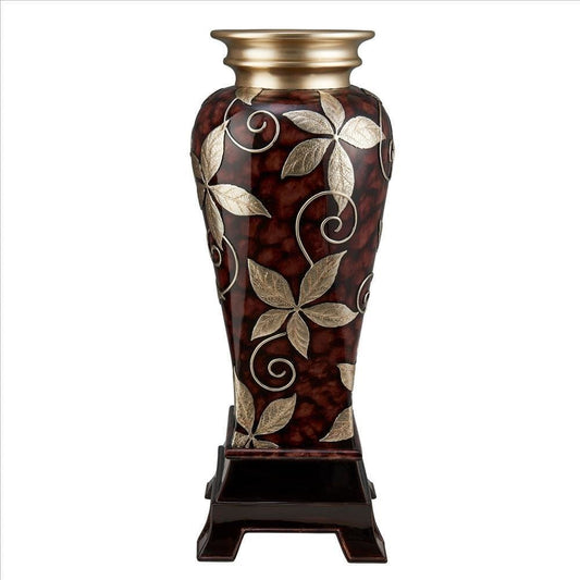 Decor Vase with Urn Shape Body and Foliage Pattern, Brown By Casagear Home