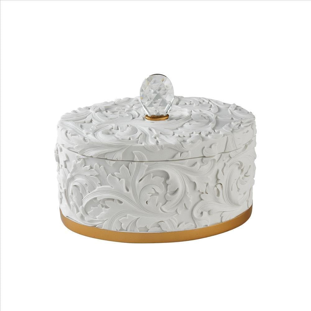 Jewelry Box with Baroque Scroll Design and Crystal Accent, White By Casagear Home