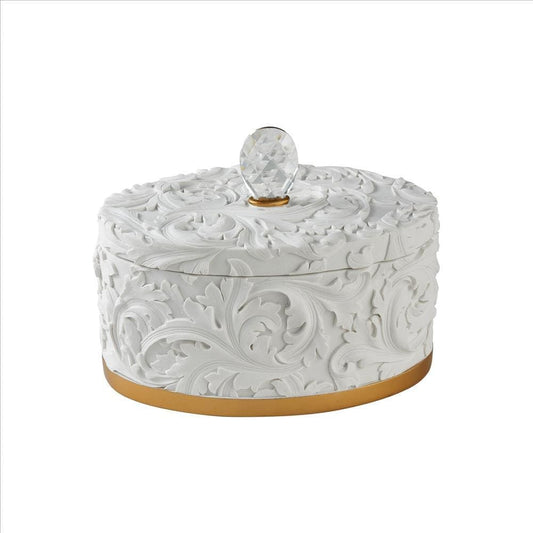 Jewelry Box with Baroque Scroll Design and Crystal Accent, White By Casagear Home