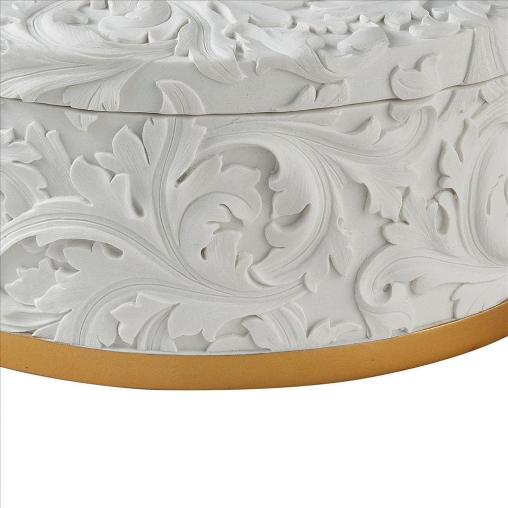 Jewelry Box with Baroque Scroll Design and Crystal Accent White By Casagear Home BM240880
