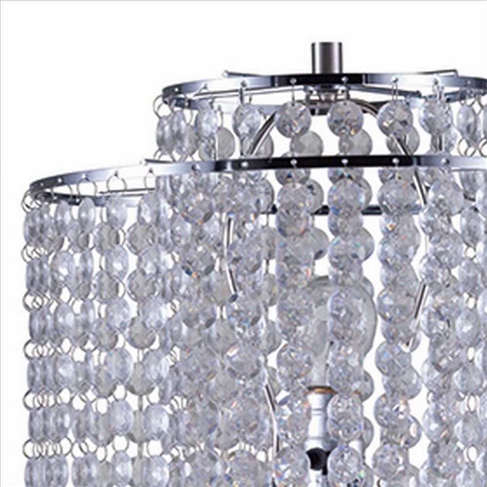 Metal Table Lamp with Hanging Acrylic Beads and USB Plugin Silver By Casagear Home BM240893