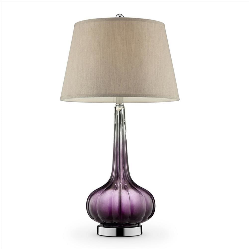Onion Shaped Body Glass Table Lamp with Tapered Shade, Purple By Casagear Home