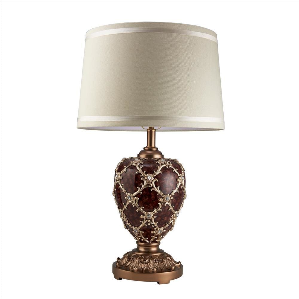 Polyresin Urn Shaped Table Lamp with Diamond Stencils Pattern, Brown By Casagear Home