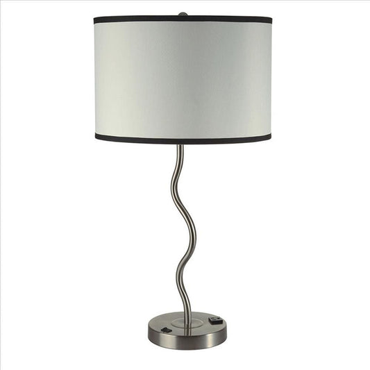 29 Inch Round Drum Shade Table Lamp, Curved Tubular Frame, Silver By Casagear Home
