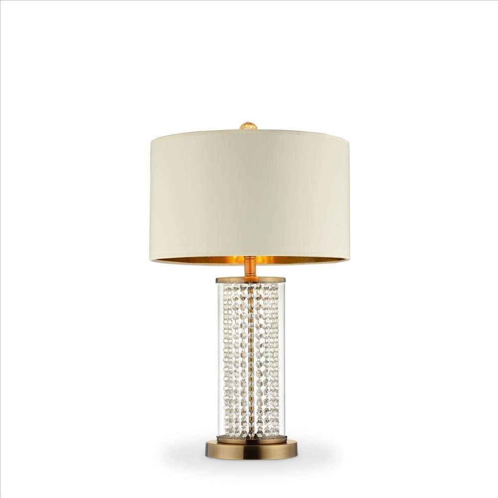 Table Lamp with Cylindrical Drum and Stacked Crystals, Gold By Casagear Home