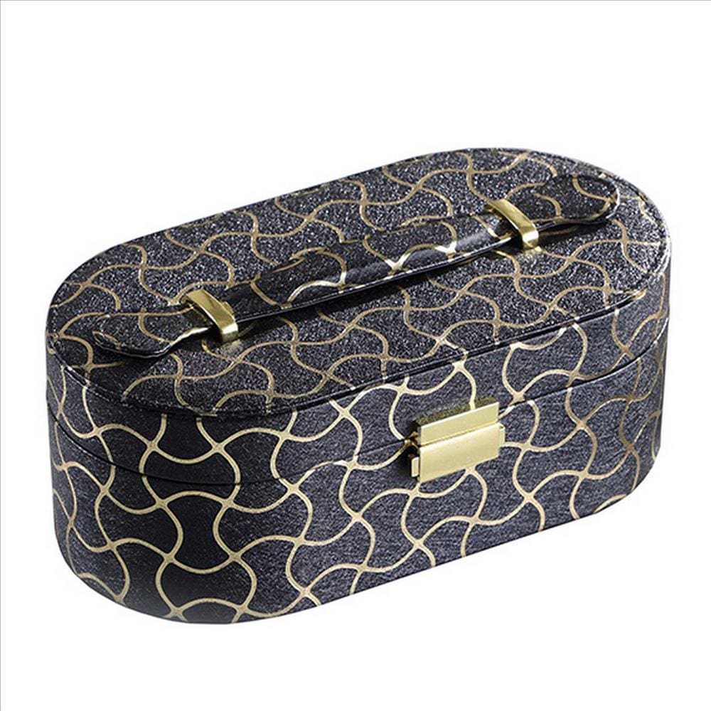 Travel Jewelry Case with 2 Semicircle Slots and Wavy Pattern, Black By Casagear Home