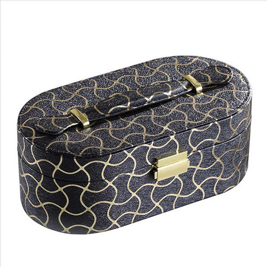 Travel Jewelry Case with 2 Semicircle Slots and Wavy Pattern, Black By Casagear Home