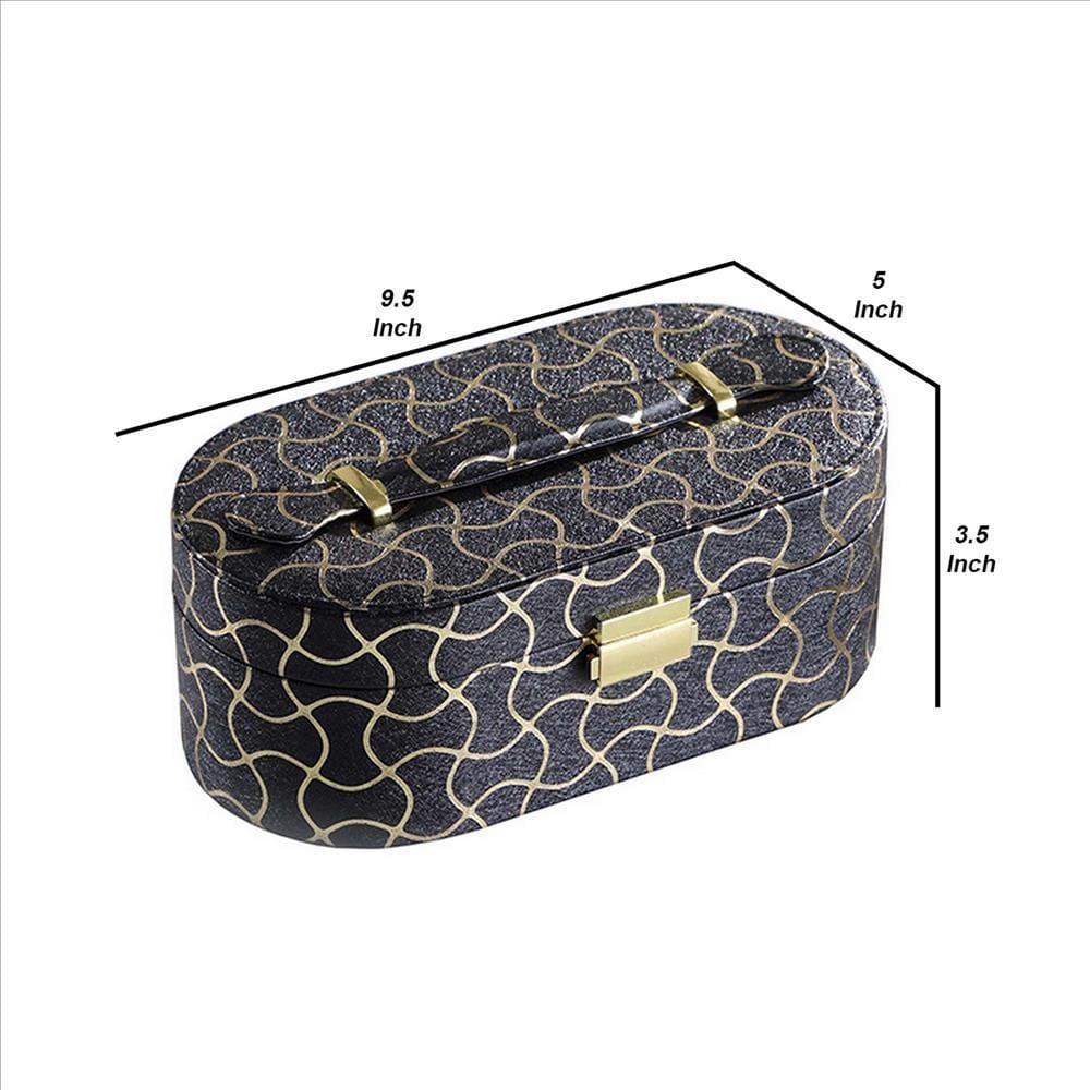 Travel Jewelry Case with 2 Semicircle Slots and Wavy Pattern Black By Casagear Home BM240929