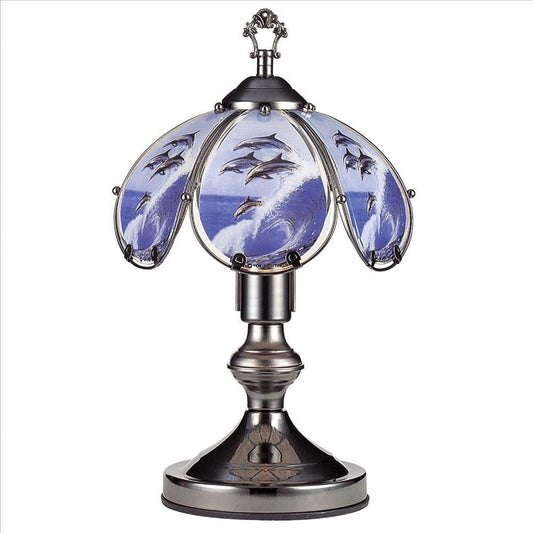 Table Lamp | Umbrella Glass Shade | Dolphin Print | Silver