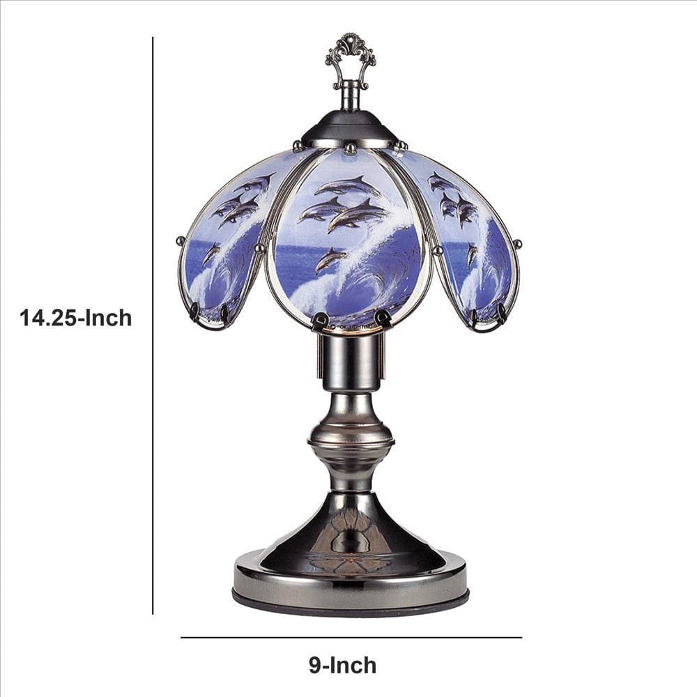 Umbrella Shade Glass Table Lamp with Dolphin Print Silver By Casagear Home BM240942