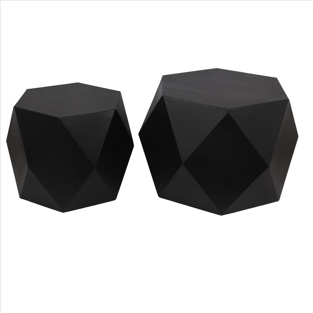 Hexagonal Top Faceted Metal Coffee Table, Set of 2, Black By Casagear Home