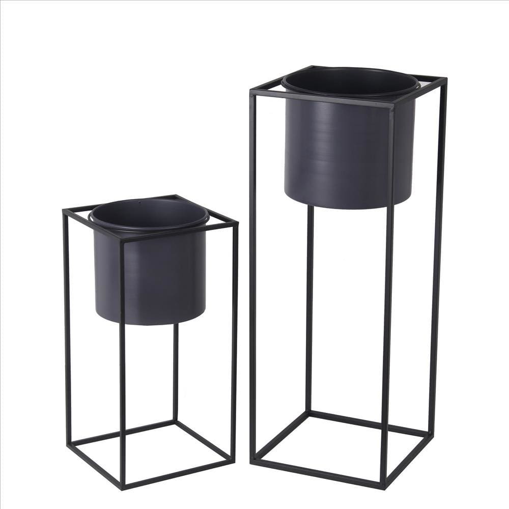 Metal Round Planter with Square Base, Set of 2, Black and Gray By Casagear Home