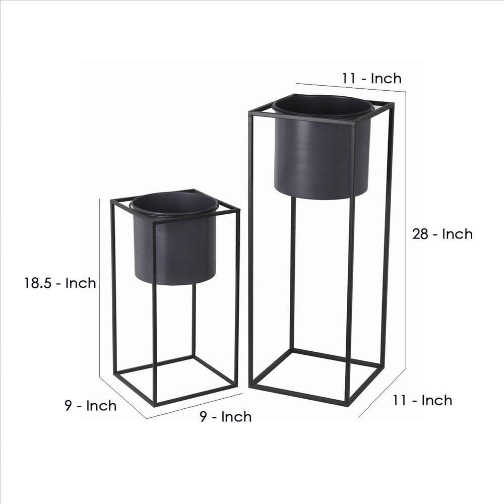 Metal Round Planter with Square Base Set of 2 Black and Gray By Casagear Home BM240981