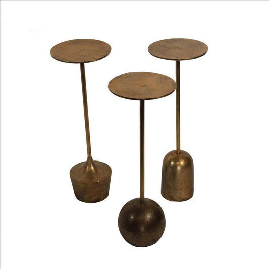 Round Metal Accent Table with Tubular Pedestal Base, Set of 3, Antique Gold By Casagear Home