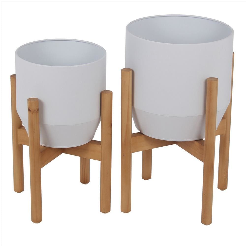 Metal Planter with Round Wooden Legs, Set of 2, White and Brown By Casagear Home