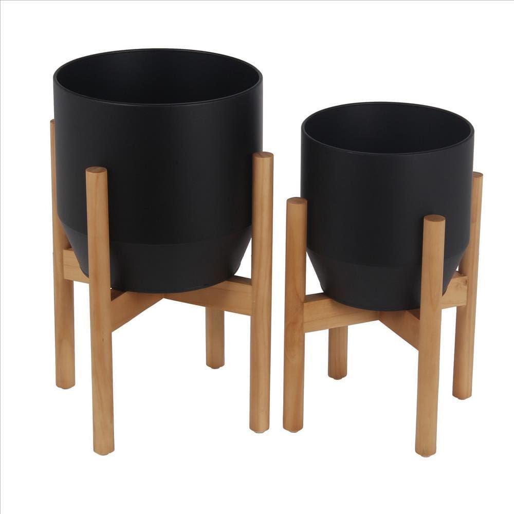 Metal Planter with Round Wooden Legs, Set of 2, Black By Casagear Home