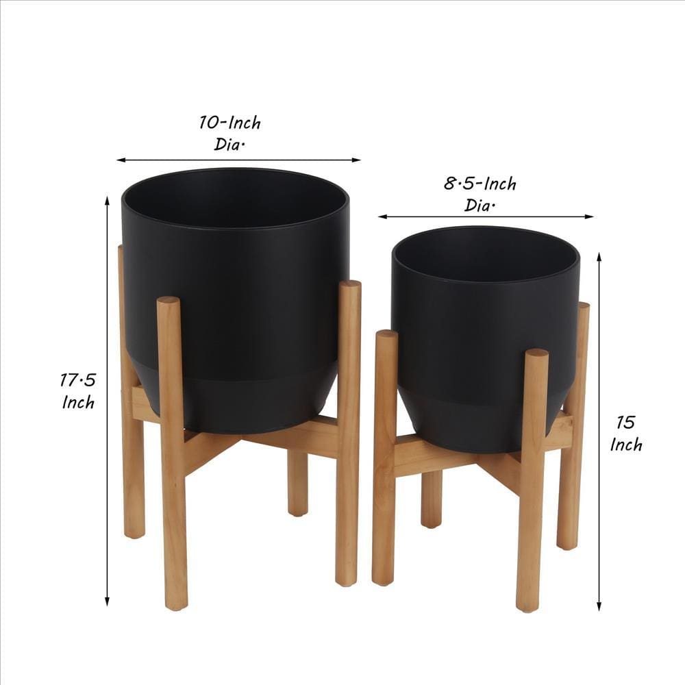 Metal Planter with Round Wooden Legs Set of 2 Black By Casagear Home BM241048