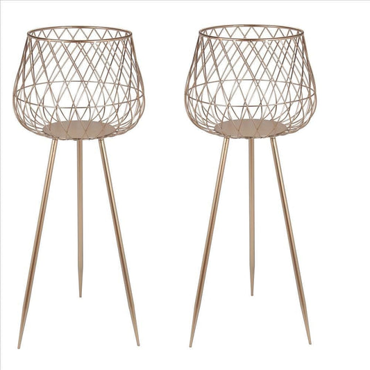 Dome Shaped Lattice Metal Planter with Tripod Peg Legs, Set of 2, Gold By Casagear Home