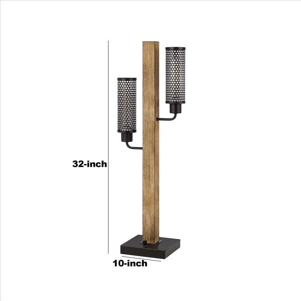 Wooden Table Lamp with 2 Metal Mesh Shades Brown and Black BM241805
