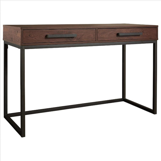 Office Desk with 2 Drawers and Metal Sled Base, Brown and Gray