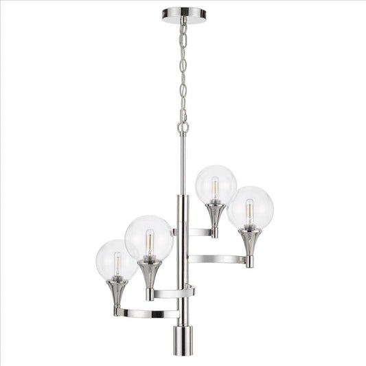 Chandelier with 4 Globe Glass Shades and Cone Design Holders, Chrome