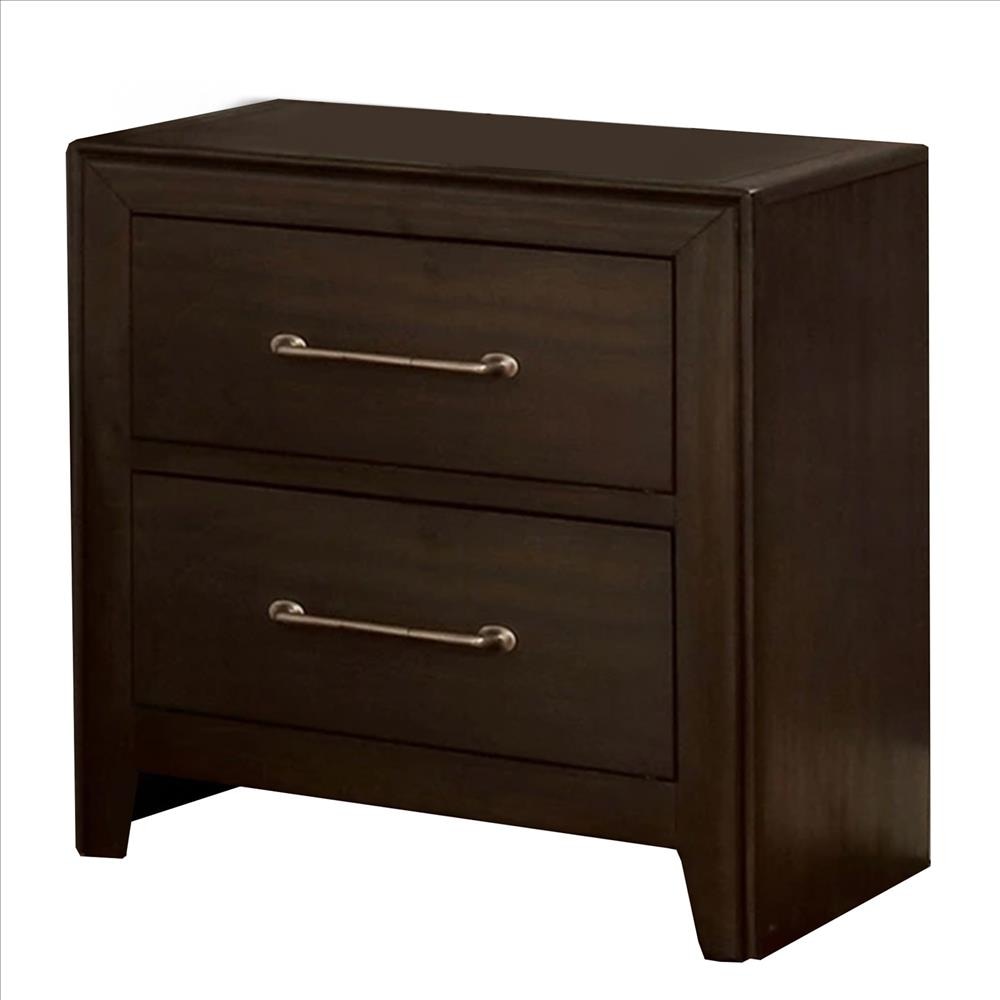 Nightstand with 2 Drawers and Metal Bar Pulls, Walnut Brown By Casagear Home