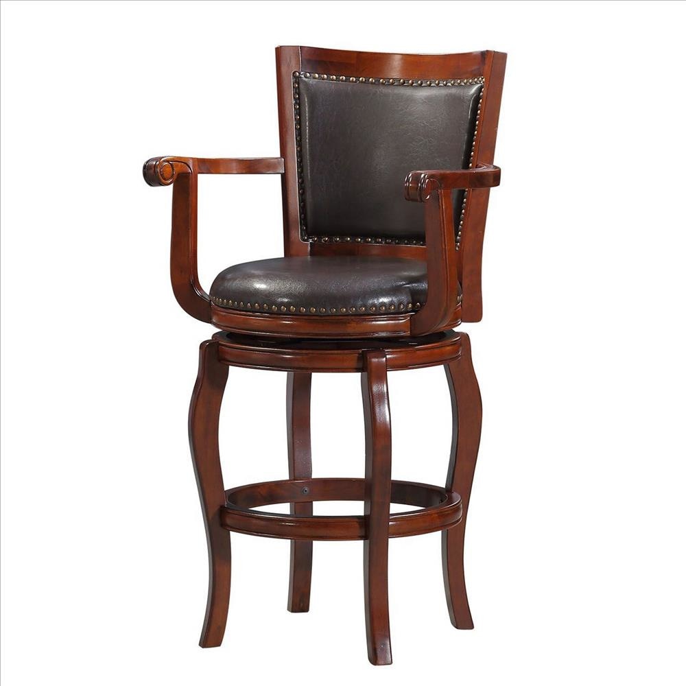 360-Degree Swivel Barstool, Sleek Rolled Arms, Nailhead Accents, Brown By Casagear Home