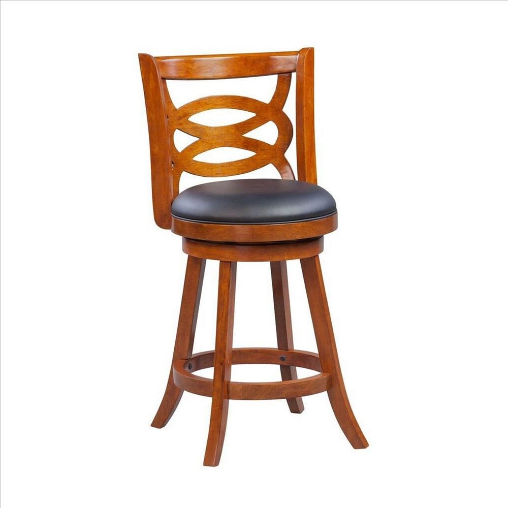 Swivel Counter Stool with Open Geometric Curved Back, Cherry Brown By Casagear Home