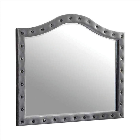 Mirror with Button Tufting and Scalloped Top, Gray By Casagear Home