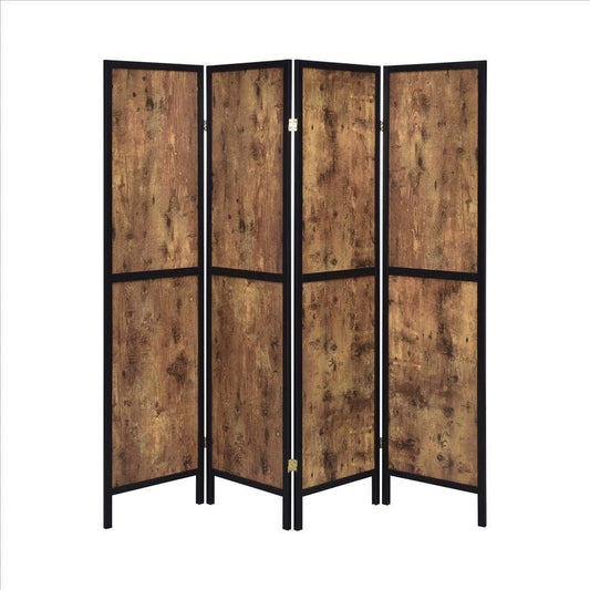 4 Panel Screen with Grain Details and Knots, Brown and Black By Casagear Home