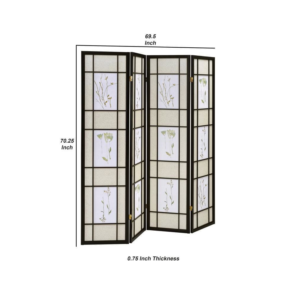 4 Panel Screen with Floral Print Detailing and Wooden Frame Black By Casagear Home BM242729