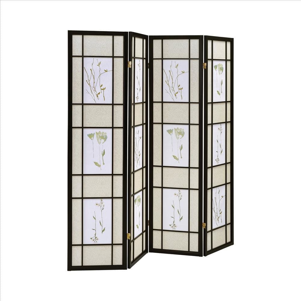 4 Panel Screen with Floral Print Detailing and Wooden Frame, Black By Casagear Home