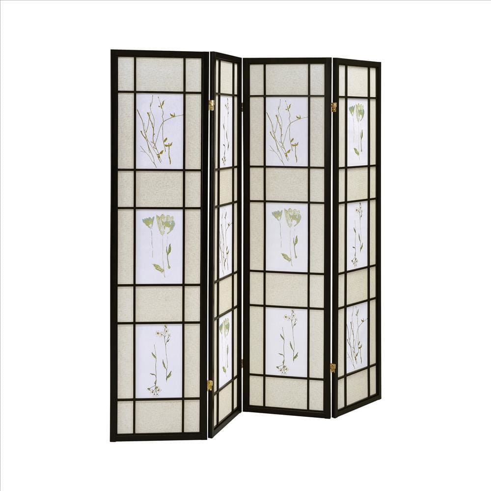Milo Screen | 4 Panel | Floral Print | Wood Frame | Black