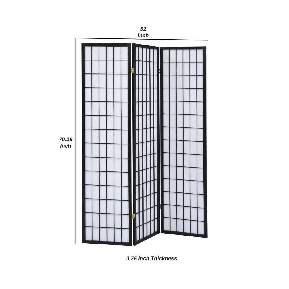 3 Panel Screen with Grid Design Wooden Frame Black By Casagear Home BM242730