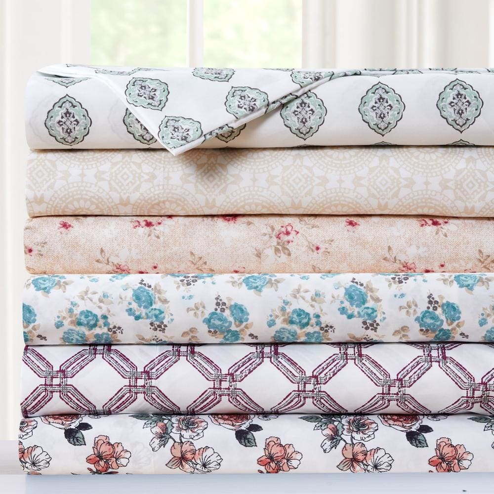 Veria 4 Piece Full Sheet Set | Rose Print | White | Pink