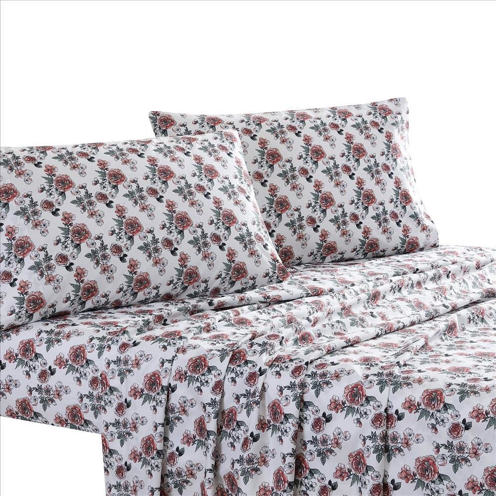 Veria 4 Piece Cal King Sheet Set | Rose Print | White | Pink
