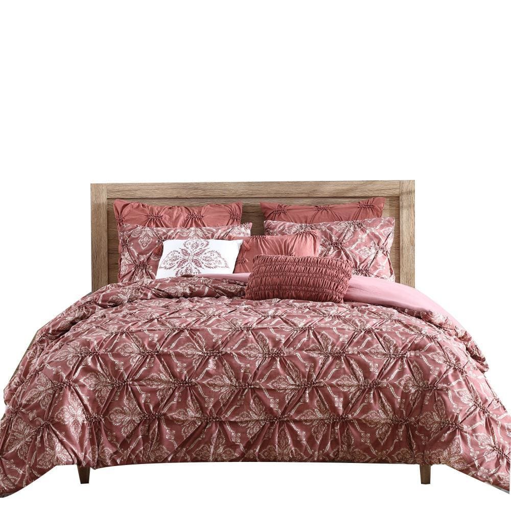 Veria 8 Piece Queen Comforter Set with Printed Microfiber Fabric The Urban Port Pink By Casagear Home BM242772