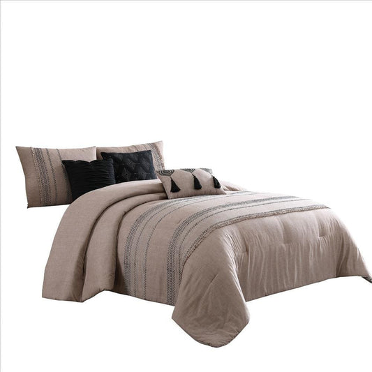 Veria 6 Piece King Comforter Set with Wavy Stitching, Beige By Casagear Home