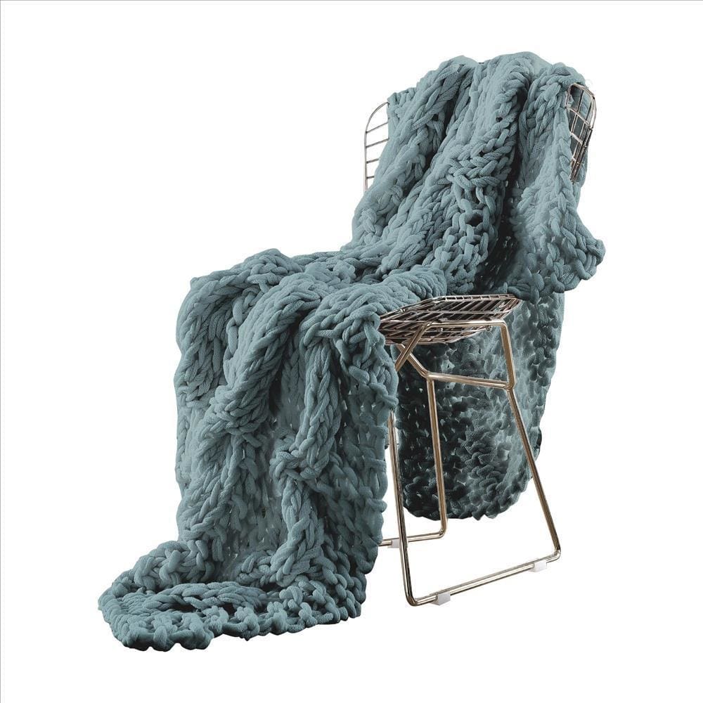 Veria Throw Blanket with Hand Knitted Acrylic Fabric The Urban Port, Blue By Casagear Home