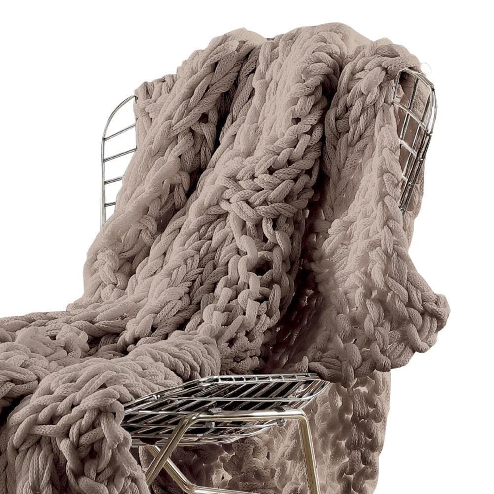 Veria Throw Blanket with Hand Knitted Acrylic Fabric The Urban Port Taupe Brown By Casagear Home BM242783